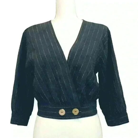 Oat New York Cropped Wrap Top Gray/Blue Linen Pinstripe Pullover Size Medium - Picture 1 of 10